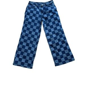 Blue Checkered Wide-Leg Jeans